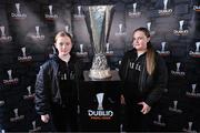 19 April 2024; Molly Wynne, left, and Amber Donegan from Bluebell pose with the UEFA Europa League trophy in the ground before the SSE Airtricity Men's Premier Division match between St Patrick's Athletic and Waterford at Richmond Park in Dublin. Photo by Piaras Ó Mídheach/Sportsfile