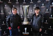 19 April 2024; Danny O'Brien, left, Noah Gannon, from Drimnagh, with the UEFA Europa League trophy in the ground before the SSE Airtricity Men's Premier Division match between St Patrick's Athletic and Waterford at Richmond Park in Dublin. Photo by Piaras Ó Mídheach/Sportsfile