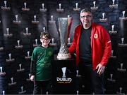 19 April 2024; Bobby, left, and Damien Kelly, from Clondalkin pose with the UEFA Europa League trophy in the ground before the SSE Airtricity Men's Premier Division match between St Patrick's Athletic and Waterford at Richmond Park in Dublin. Photo by Piaras Ó Mídheach/Sportsfile