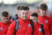 19 April 2024; Cameron McJannet of Derry City arrives for the SSE Airtricity Men's Premier Division match between Derry City and Shamrock Rovers at the Ryan McBride Brandywell Stadium in Derry. Photo by Stephen McCarthy/Sportsfile
