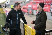 19 April 2024; Tom Simmons and Paul McLaughlin before the SSE Airtricity Men's Premier Division match between Derry City and Shamrock Rovers at the Ryan McBride Brandywell Stadium in Derry. Photo by Stephen McCarthy/Sportsfile