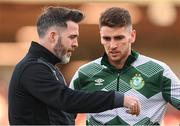 19 April 2024; Shamrock Rovers manager Stephen Bradley and Dylan Watts before the SSE Airtricity Men's Premier Division match between Derry City and Shamrock Rovers at the Ryan McBride Brandywell Stadium in Derry. Photo by Stephen McCarthy/Sportsfile