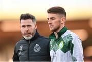 19 April 2024; Shamrock Rovers manager Stephen Bradley and Dylan Watts before the SSE Airtricity Men's Premier Division match between Derry City and Shamrock Rovers at the Ryan McBride Brandywell Stadium in Derry. Photo by Stephen McCarthy/Sportsfile