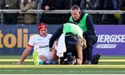 19 April 2024; Tom Stewart of Ulster is attended to by Dr Michael Webb and Ulster Head Physio Chris McNicholl during the United Rugby Championship match between Ulster and Cardiff at the Kingspan Stadium in Belfast. Photo by John Dickson/Sportsfile
