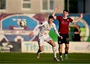 19 April 2024; Sean Gannon of Shelbourne in action against Edward McCarthy of Galway United during the SSE Airtricity Men's Premier Division match between Galway United and Shelbourne at Eamonn Deacy Park in Galway. Photo by Sam Barnes/Sportsfile
