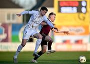 19 April 2024; Conor McCormack of Galway United is fouled by Sean Gannon of Shelbourne during the SSE Airtricity Men's Premier Division match between Galway United and Shelbourne at Eamonn Deacy Park in Galway. Photo by Sam Barnes/Sportsfile