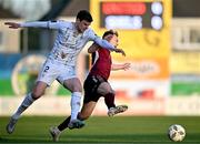 19 April 2024; Conor McCormack of Galway United is fouled by Sean Gannon of Shelbourne during the SSE Airtricity Men's Premier Division match between Galway United and Shelbourne at Eamonn Deacy Park in Galway. Photo by Sam Barnes/Sportsfile