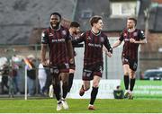 19 April 2024; James Akintunde of Bohemians, left, celebrates with teammate Paddy Kirk after scoring his side's first goal during the SSE Airtricity Men's Premier Division match between Bohemians and Drogheda United at Dalymount Park in Dublin. Photo by Shauna Clinton/Sportsfile