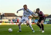 19 April 2024; Shane Farrell of Shelbourne in action against Conor McCormack of Galway United during the SSE Airtricity Men's Premier Division match between Galway United and Shelbourne at Eamonn Deacy Park in Galway. Photo by Sam Barnes/Sportsfile
