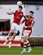 19 April 2024; Joe Redmond, left, and Conor Keeley of St Patrick's Athletic during the SSE Airtricity Men's Premier Division match between St Patrick's Athletic and Waterford at Richmond Park in Dublin. Photo by Piaras Ó Mídheach/Sportsfile