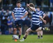 19 April 2024; James Moriarty of Blackrock College RFC kicks a penalty during the Bank of Ireland Leinster Rugby Metropolitan Cup final match between Blackrock College RFC and Clontarf FC at Old Belvedere RFC, in Ollie Campbell Park, Dublin. Photo by Tyler Miller/Sportsfile