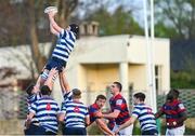 19 April 2024; Cian Reilly of Blackrock College RFC wins possession in a line-out during the Bank of Ireland Leinster Rugby Metropolitan Cup final match between Blackrock College RFC and Clontarf FC at Old Belvedere RFC, in Ollie Campbell Park, Dublin. Photo by Tyler Miller/Sportsfile