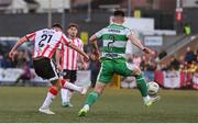19 April 2024; Danny Mullen of Derry City has a shot on goal which hit the post during the SSE Airtricity Men's Premier Division match between Derry City and Shamrock Rovers at the Ryan McBride Brandywell Stadium in Derry. Photo by Stephen McCarthy/Sportsfile
