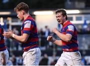 19 April 2024; Kevin Farrington of Clontarf FC, right, celebrates after a turnover is awarded during the Bank of Ireland Leinster Rugby Metropolitan Cup final match between Blackrock College RFC and Clontarf FC at Old Belvedere RFC, in Ollie Campbell Park, Dublin. Photo by Tyler Miller/Sportsfile