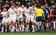 19 April 2024; Dave McCann of Ulster, second right, is congratulated by Dave Ewers after scoring their side's first try during the United Rugby Championship match between Ulster and Cardiff at the Kingspan Stadium in Belfast. Photo by Ramsey Cardy/Sportsfile