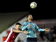 19 April 2024; Pádraig Amond of Waterford in action against Joe Redmond of St Patrick's Athletic during the SSE Airtricity Men's Premier Division match between St Patrick's Athletic and Waterford at Richmond Park in Dublin. Photo by Piaras Ó Mídheach/Sportsfile