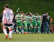 19 April 2024; Shamrock Rovers players celebrate after Aaron Greene scored their side's first goal during the SSE Airtricity Men's Premier Division match between Derry City and Shamrock Rovers at the Ryan McBride Brandywell Stadium in Derry. Photo by Stephen McCarthy/Sportsfile