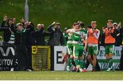 19 April 2024; Shamrock Rovers players celebrate after Aaron Greene scored their side's second goal during the SSE Airtricity Men's Premier Division match between Derry City and Shamrock Rovers at the Ryan McBride Brandywell Stadium in Derry. Photo by Stephen McCarthy/Sportsfile