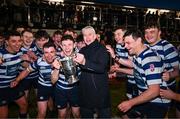 19 April 2024; Leinster rugby vice president Declan Gardiner presents the trophy to Stephen Judge after the Bank of Ireland Leinster Rugby Metropolitan Cup final match between Blackrock College RFC and Clontarf FC at Old Belvedere RFC, in Ollie Campbell Park, Dublin. Photo by Tyler Miller/Sportsfile