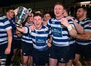 19 April 2024; The Blackrock College RFC team celebrate with the trophy after the Bank of Ireland Leinster Rugby Metropolitan Cup final match between Blackrock College RFC and Clontarf FC at Old Belvedere RFC, in Ollie Campbell Park, Dublin. Photo by Tyler Miller/Sportsfile