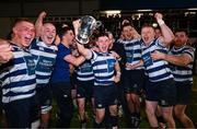 19 April 2024; The Blackrock College RFC team celebrate with the trophy after the Bank of Ireland Leinster Rugby Metropolitan Cup final match between Blackrock College RFC and Clontarf FC at Old Belvedere RFC, in Ollie Campbell Park, Dublin. Photo by Tyler Miller/Sportsfile