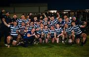 19 April 2024; The Blackrock College RFC team celebrate with the trophy after the Bank of Ireland Leinster Rugby Metropolitan Cup final match between Blackrock College RFC and Clontarf FC at Old Belvedere RFC, in Ollie Campbell Park, Dublin. Photo by Tyler Miller/Sportsfile