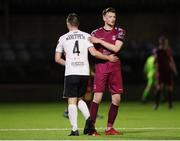 19 April 2024; Matthew McKevitt of Cobh Ramblers and Conor Tourish of Finn Harps after the SSE Airtricity Men's First Division match between Cobh Ramblers and Finn Harps at St Coleman's Park in Cobh, Cork. Photo by Michael P Ryan/Sportsfile