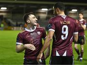 19 April 2024; Goal scorer Edward McCarthy of Galway United, left, celebrates with team-mate  Wassim Aouachria after his side's victory in the SSE Airtricity Men's Premier Division match between Galway United and Shelbourne at Eamonn Deacy Park in Galway. Photo by Sam Barnes/Sportsfile