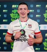 19 April 2024; Player of the Match Harry Sheridan of Ulster with his medal after the United Rugby Championship match between Ulster and Cardiff at the Kingspan Stadium in Belfast. Photo by John Dickson/Sportsfile