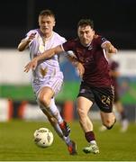 19 April 2024; Edward McCarthy of Galway United in action against Jonathan Lunney of Shelbourne during the SSE Airtricity Men's Premier Division match between Galway United and Shelbourne at Eamonn Deacy Park in Galway. Photo by Sam Barnes/Sportsfile