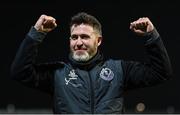 19 April 2024; Shamrock Rovers manager Stephen Bradley celebrates after the SSE Airtricity Men's Premier Division match between Derry City and Shamrock Rovers at the Ryan McBride Brandywell Stadium in Derry. Photo by Stephen McCarthy/Sportsfile