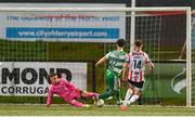 19 April 2024; Richie Towell of Shamrock Rovers shoots to score his side's third goal past Derry City goalkeeper Brian Maher during the SSE Airtricity Men's Premier Division match between Derry City and Shamrock Rovers at the Ryan McBride Brandywell Stadium in Derry. Photo by Stephen McCarthy/Sportsfile