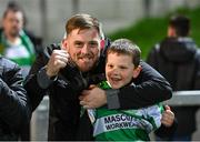 19 April 2024; Shamrock Rovers supporters celebrate after the SSE Airtricity Men's Premier Division match between Derry City and Shamrock Rovers at the Ryan McBride Brandywell Stadium in Derry. Photo by Stephen McCarthy/Sportsfile