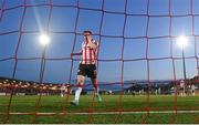 19 April 2024; Cameron McJannet of Derry City reacts to a Shamrock Rovers goal during the SSE Airtricity Men's Premier Division match between Derry City and Shamrock Rovers at the Ryan McBride Brandywell Stadium in Derry. Photo by Stephen McCarthy/Sportsfile