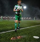 19 April 2024; Rory Gaffney of Shamrock Rovers looks on as the surface is on fire during the SSE Airtricity Men's Premier Division match between Derry City and Shamrock Rovers at the Ryan McBride Brandywell Stadium in Derry. Photo by Stephen McCarthy/Sportsfile