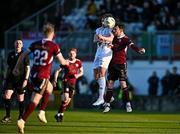 19 April 2024; Evan Caffrey of Shelbourne in action against Conor O'Keeffe of Galway United during the SSE Airtricity Men's Premier Division match between Galway United and Shelbourne at Eamonn Deacy Park in Galway. Photo by Sam Barnes/Sportsfile