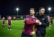 19 April 2024; Conor O'Keeffe of Galway United celebrates with a member of the backroom team after their side's victory in the SSE Airtricity Men's Premier Division match between Galway United and Shelbourne at Eamonn Deacy Park in Galway. Photo by Sam Barnes/Sportsfile