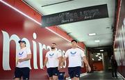 20 April 2024; Lee Barron, Michael Milne and Thomas Clarkson of Leinster walk to the pitch before the United Rugby Championship match between Emirates Lions and Leinster at Emirates Airline Park in Johannesburg, South Africa. Photo by Harry Murphy/Sportsfile