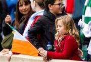20 April 2024; A young fan with a Ireland flag prior to the Women's Six Nations Rugby Championship match between England and Ireland at Twickenham Stadium in London, England. Photo by Juan Gasparini/Sportsfile