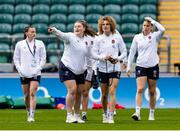 20 April 2024; England players, from left, Lucy Packer, Maud Muir, Ellie Kildunne and Jess Breach walk on the pitch prior to the Women's Six Nations Rugby Championship match between England and Ireland at Twickenham Stadium in London, England. Photo by Juan Gasparini/Sportsfile