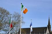 20 April 2024; The tricolour is seen alongside the flags of Mayo and Cavan before the Electric Ireland All-Ireland Camogie Minor B Championship semi-final 1 match between Cavan and Mayo at Duggan Park in Ballinasloe, Galway. Photo by Sam Barnes/Sportsfile