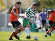 20 April 2024; Shane Franklin of Pike Rovers in action against Luke Bolton of St Kevin’s FC during the FAI Youth Cup final match between St Kevin’s FC, DDSL, and Pike Rovers, Limerick District League at Home Farm FC in Dublin. Photo by Michael P Ryan/Sportsfile