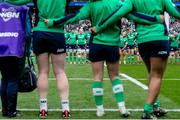 20 April 2024; Ireland players sing the national anthem prior to the Women's Six Nations Rugby Championship match between England and Ireland at Twickenham Stadium in London, England. Photo by Juan Gasparini/Sportsfile
