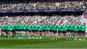 20 April 2024; Ireland players sing the national anthem prior to the Women's Six Nations Rugby Championship match between England and Ireland at Twickenham Stadium in London, England. Photo by Juan Gasparini/Sportsfile