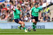 20 April 2024; Dannah O'Brien of Ireland kicks the ball during the Women's Six Nations Rugby Championship match between England and Ireland at Twickenham Stadium in London, England. Photo by Juan Gasparini/Sportsfile