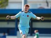 20 April 2024; St Kevin’s FC goalkeeper Calvin Fennelly celebrates his sides second goal during the FAI Youth Cup final match between St Kevin’s FC, DDSL, and Pike Rovers, Limerick District League at Home Farm FC in Dublin. Photo by Michael P Ryan/Sportsfile