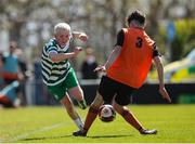 20 April 2024; Rhys Barry of Pike Rovers in action against Luke Bolton of St Kevin’s FC during the FAI Youth Cup final match between St Kevin’s FC, DDSL, and Pike Rovers, Limerick District League at Home Farm FC in Dublin. Photo by Michael P Ryan/Sportsfile
