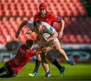20 April 2024; Lee Barron of Leinster evades the tackle of Morne van den Berg of Emirates Lions during the United Rugby Championship match between Emirates Lions and Leinster at Emirates Airline Park in Johannesburg, South Africa. Photo by Harry Murphy/Sportsfile