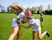 20 April 2024; Fionnuala Hughes, left, and Laura McLoughlin of Kildare after the Electric Ireland Camogie Minor B All-Ireland semi-final match between Kerry and Kildare at Banagher in Offaly. Photo by Stephen Marken/Sportsfile