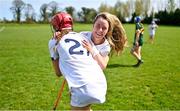 20 April 2024; Laura McLoughlin, left, and Fionnuala Hughes of Kildare after the Electric Ireland Camogie Minor B All-Ireland semi-final match between Kerry and Kildare at Banagher in Offaly. Photo by Stephen Marken/Sportsfile
